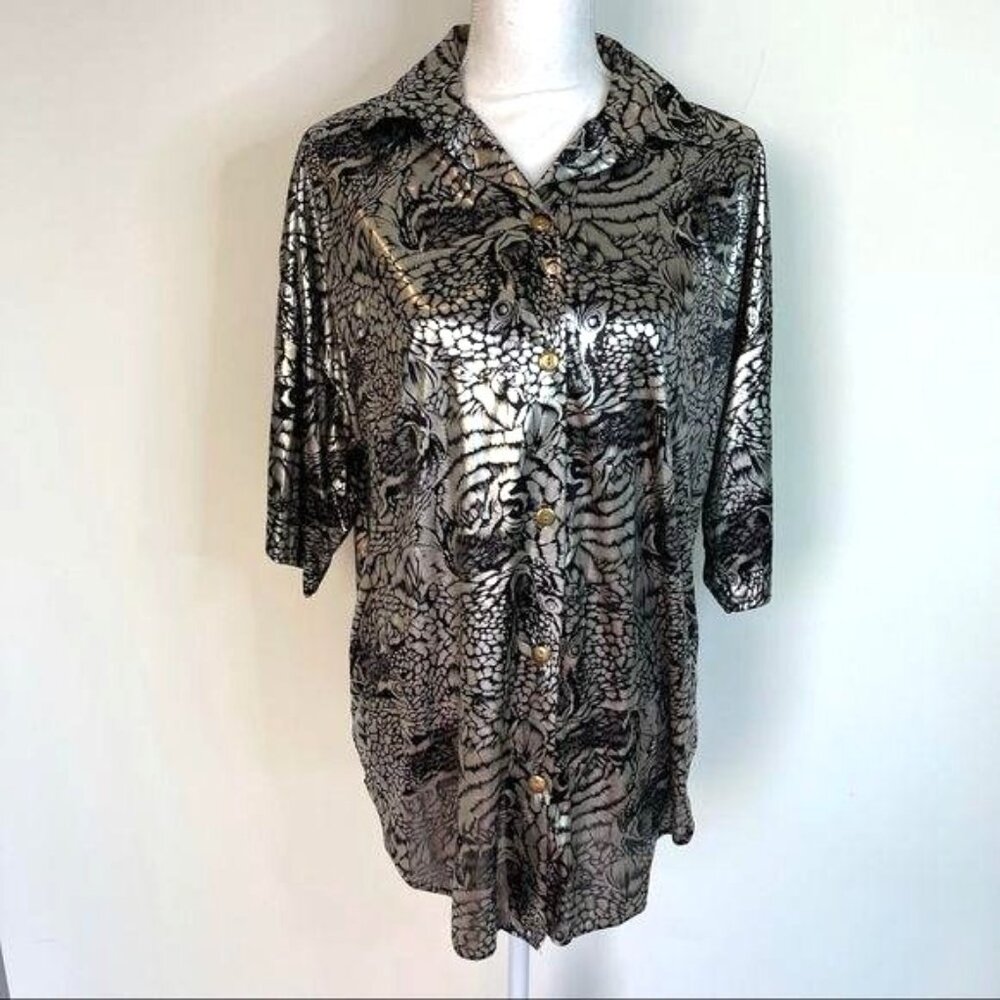 Fourteenth Place Vintage Womens Top Size Medium Black Silver Tiger Print - Picture 11 of 12